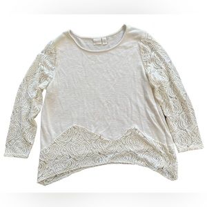 Chico’s Size 3 Ivory Textured Lace‎ Top Rosette Sleeves Chicos XL